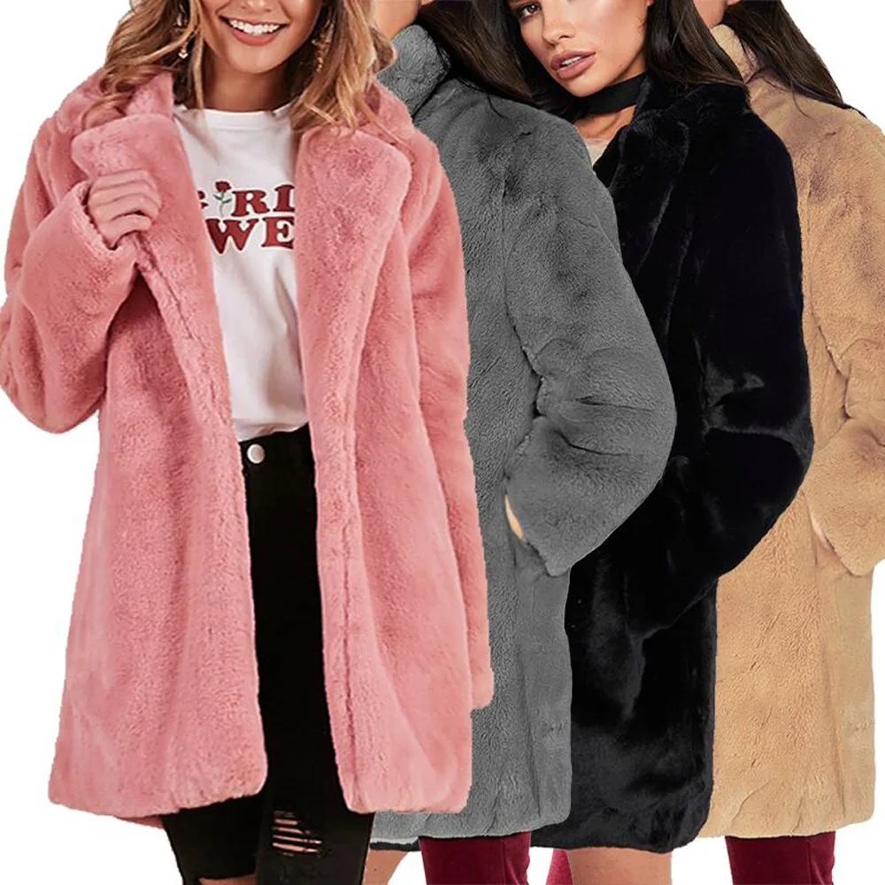 

VOLALO Thicken Faux Fur Coat Women Autumn Winter Warm Soft Loose Fleece Faux Jacket Lady Mid-length Lapels Plush Casual Overcoat