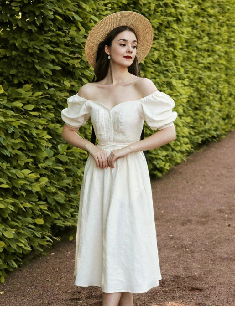 

Summer New 2023 Ladies Solid Color Linen Strapless Short-sleeved Retro Waist Mid-length Dress