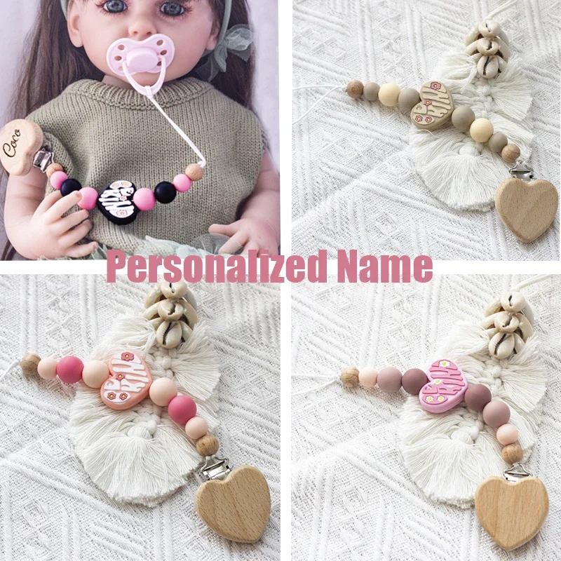 

Custom Name Wooden Personalized Baby Pacifier Chain Silicone Bead Dummy Nipple Holder Guard Teether Pendant Newborn Gift Stuff