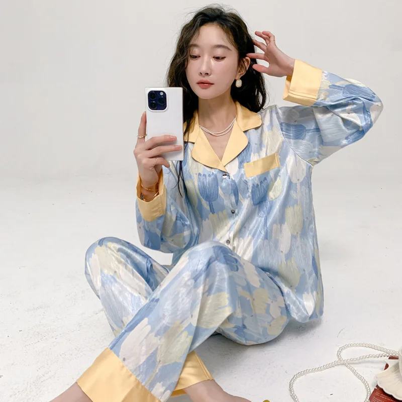 

Spring/summer New Women's Pajamas Ice Silk Comfortable Texture Tulip Oil Painting Style Home Pyjamas Ladies Set