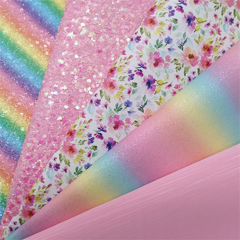 Rainbow Glitter Leather Pink Glitter Felt Backing Faux Leather Flowers Printed Synthetic Leather For Bows DIY 21X29CM W540