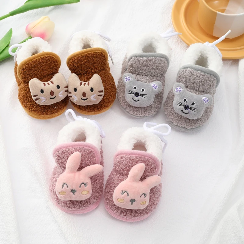 Baby Boots Cartoon Animal Winter Warm Plush Slippers Newborn Cotton Shoes Girls Soft Sole Anti-slip Toddler Indoor Home Shoes 1