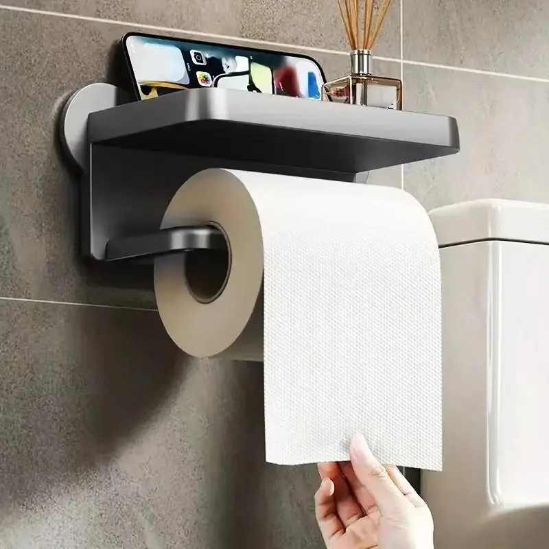 Punch Free Wall Mounted Tissue StorageRack Paper Roll Shelf Holder Restroom BoxShelve Multi Functional Phone PlacementToilet 4