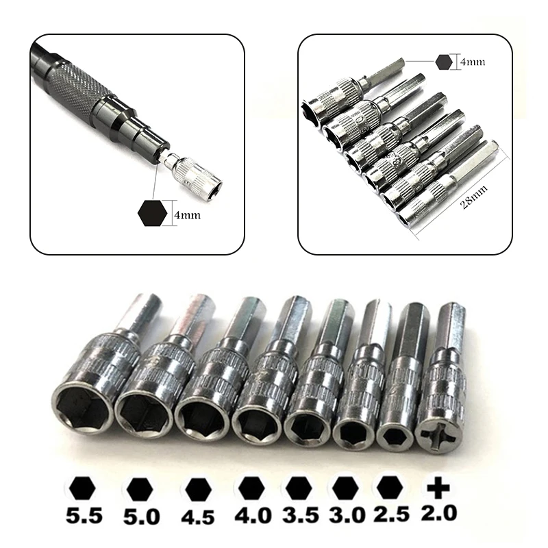 8pcs 6 Point Hex Socket H4 Hex Shank Nut Driver Screw Metric Driver Tool Drill Bit Metal PH2.0 M2.5 3.0 3.5 4.0 4.5 5.0 5.5mm 3