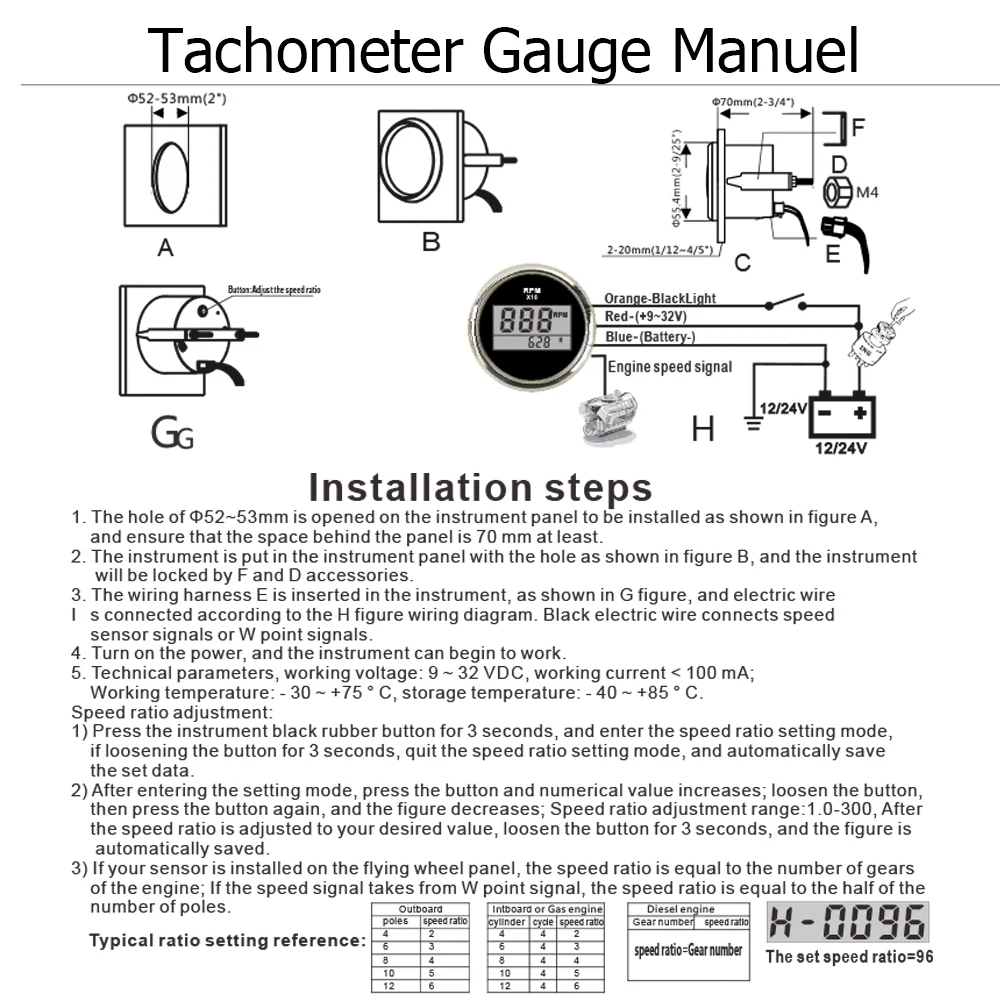 0-999RPM Tachometer 52mm Tacho Gauge with RED Backlight for Tacho ...