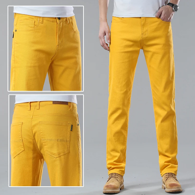 New Autumn Men's Yellow Pink Red Slim Jeans Classic Straight Elasticity Denim Pants Male Brand Stretch Skinny Colorful Trousers 2