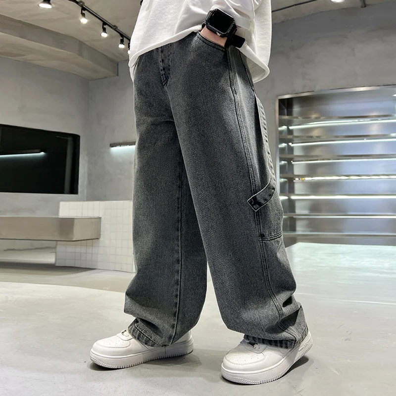 Spring Child Gray Vintage Jeans with Pocket for Boy Fashion High Street Denim Pants Teenage Kids Casual Straight Jeans Trousers - Image 4