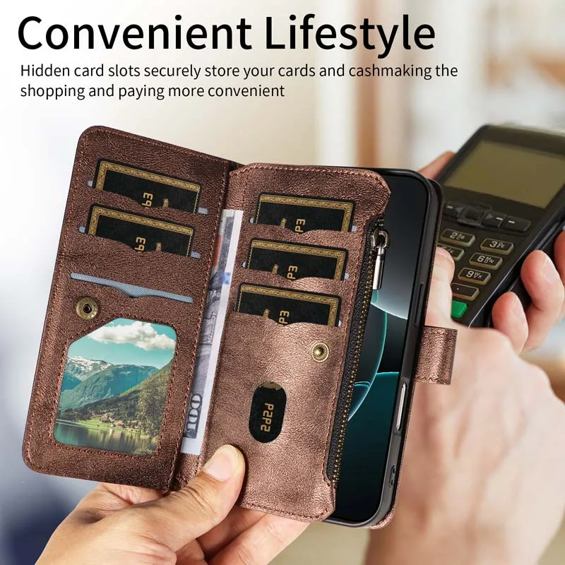 Leather Phone Case with Magnetic 9-Card Zipper Flip Wallet Holder
