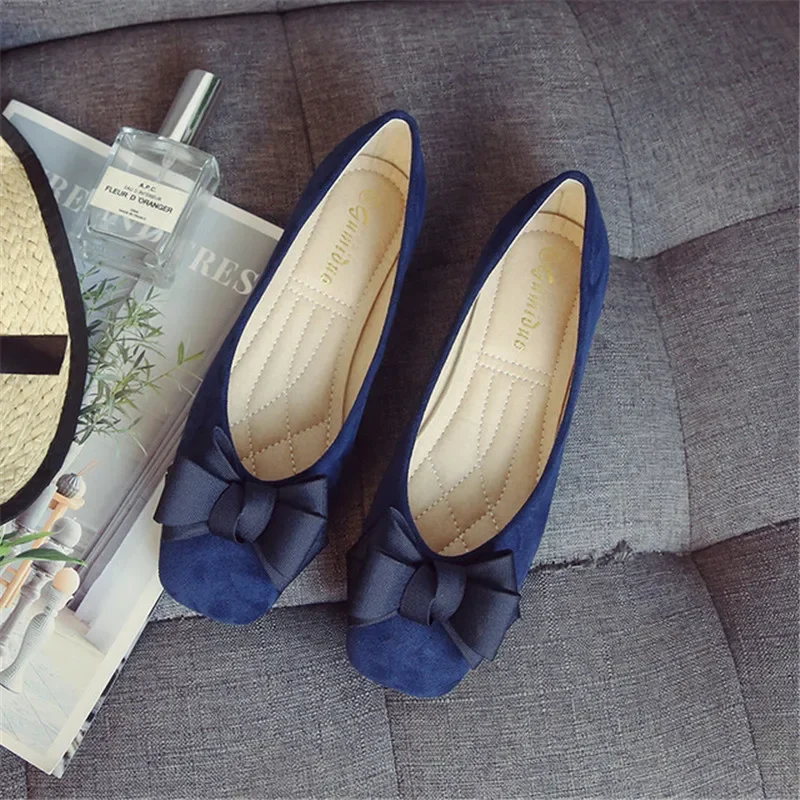 Flats Women Fashion Butterfly-Knot Square Toe Party Leather Ballerinas Plus Size 33-43 Shallow women loafers