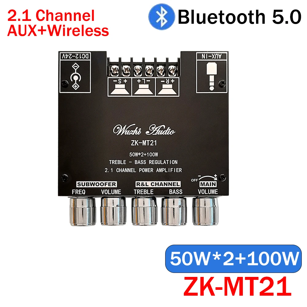 ZK-MT21 2x50W+100W 2.1 Channel Subwoofer Digital Power Amplifier Board AUX 12V 24V Audio Stereo Bluetooth 5.0 Bass Amp for Home audio amplifier board