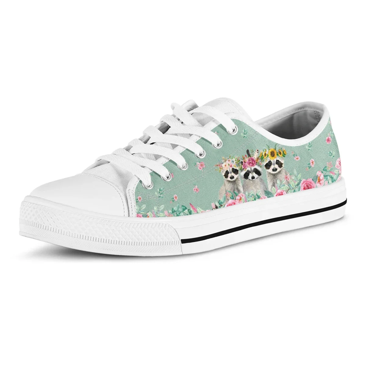 Pink Raccoon Floral Casual Shoes Low Top Women Canvas Shoes Fashion Flats Brand Students Sneakers New Spring Autumn