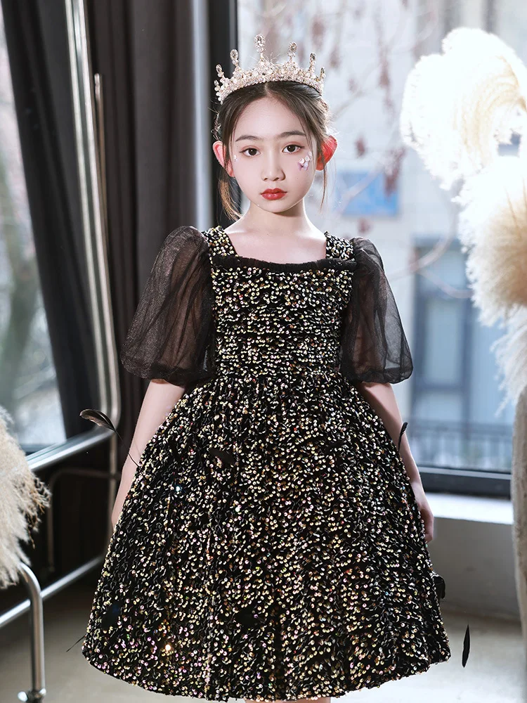 

2024 Teenmiro Evening Dress for Teenage Girls Children Elegant Sequined Black Gala Dresses Junior Girl Birthday Party Ball Gown