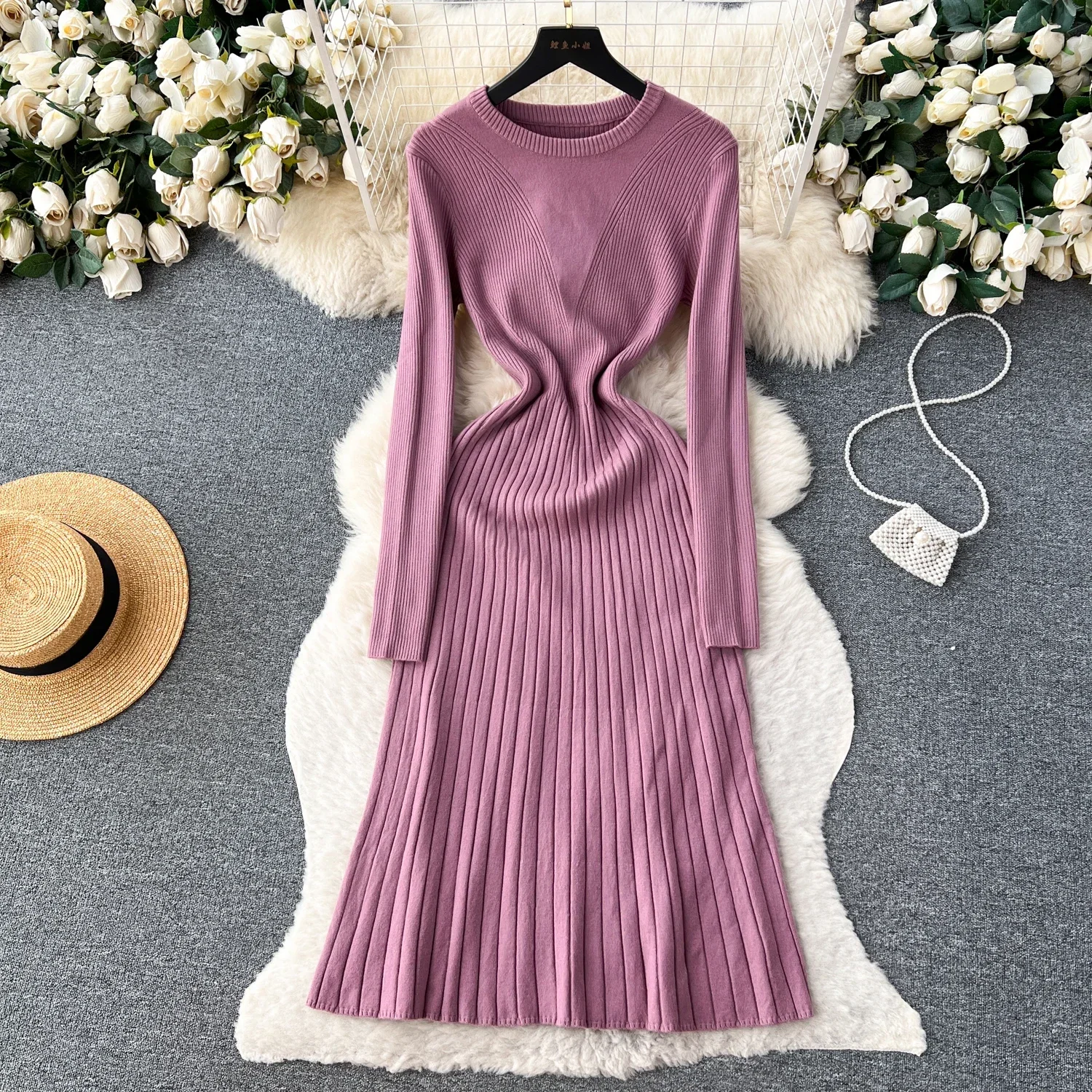 HS0116 Solid colour knitted long dress in Loose fitting waist