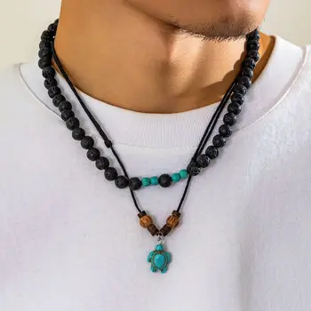 PuRui 남성용 힙합 블랙 비즈 스트랜드 목걸이, 천연 스톤 우드 비즈, 매력 초커, 쥬얼리 칼라, 보이 쿨 록 파티 선물