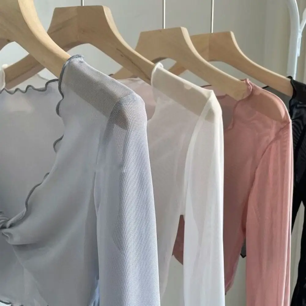 Comfortable Ruffle Mesh Knot Cardigan Long Sleeve V-neck Transparent Cardigan Korean See Through Shirts for Women Travel