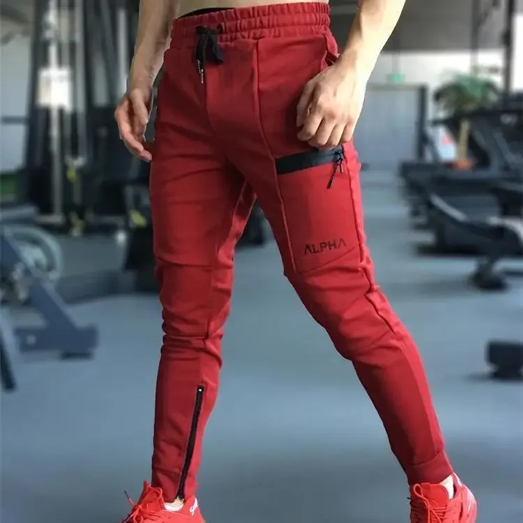 Spring Autumn Cotton Fitness Long Pants Men's Elastic Small Foot Zipped Pocket Sports Pants Deep Squat Training Sweatpants
