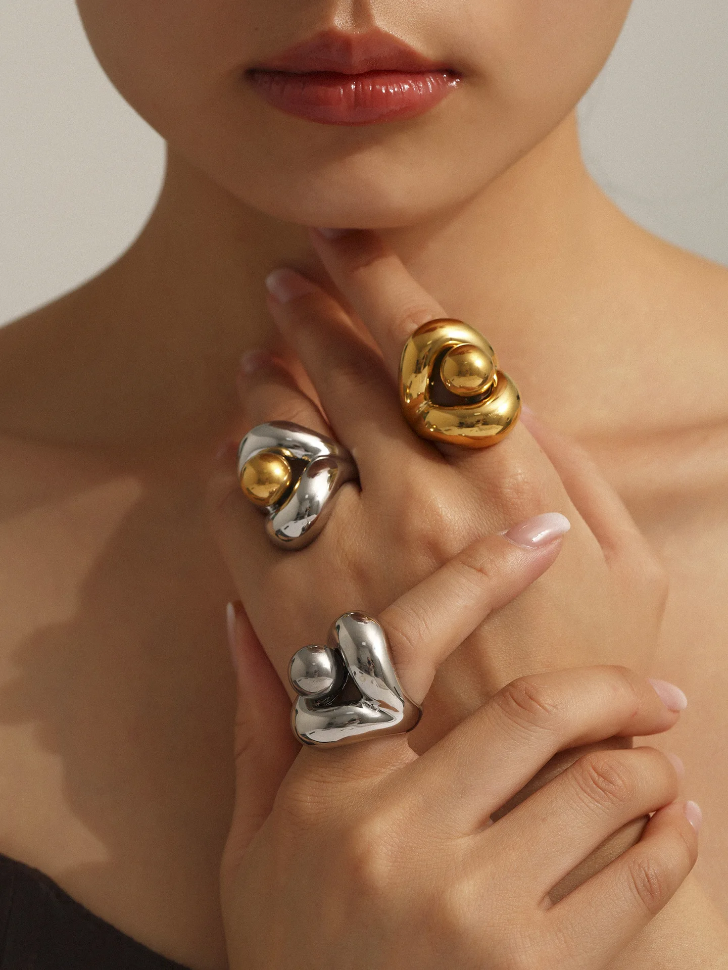 Neuer Ring aus Edelstahl 316, für Damen, Goldfarbe, Silber, Lippen, sphärisch, personalisierbar, großer Ring, weiblicher Modeschmuck, wasserdicht – Detail 1