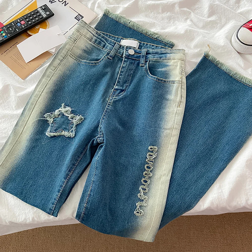 

Джинсовые брюки в стиле ретро для женщин, модные брюки-клеш контрастных цветов с завышенной талией, бахромой и необработанными краями, джинсы с широкими штанинами, весна-лето