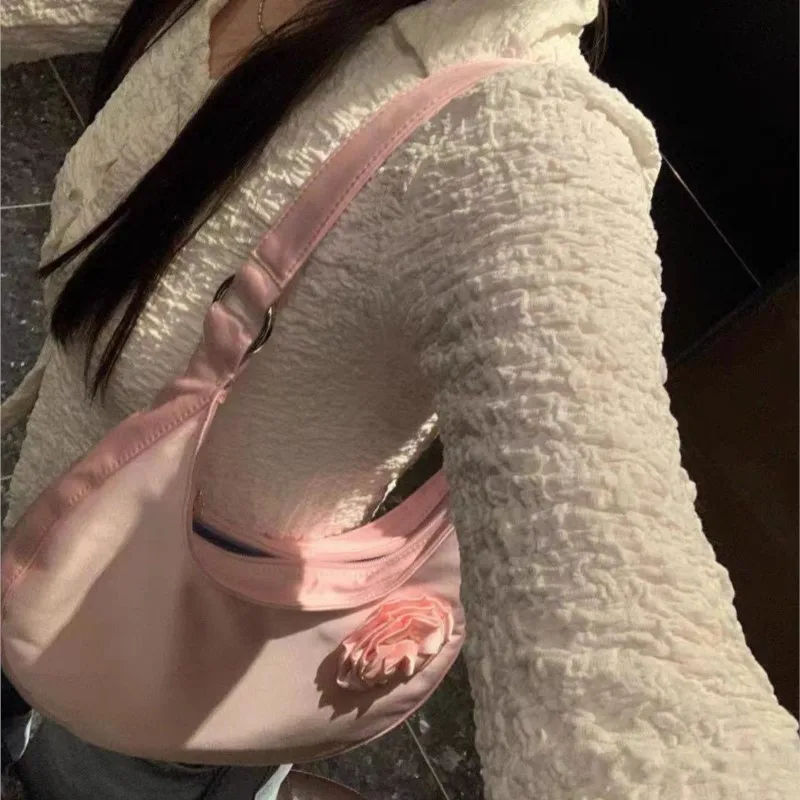 JIAERDI Fairy Core Y2k Bag Women Hot Girls Silk Rose Blossoms Half Moon Shoulder Bags Handbag Female Blue Underarm Bag Purse