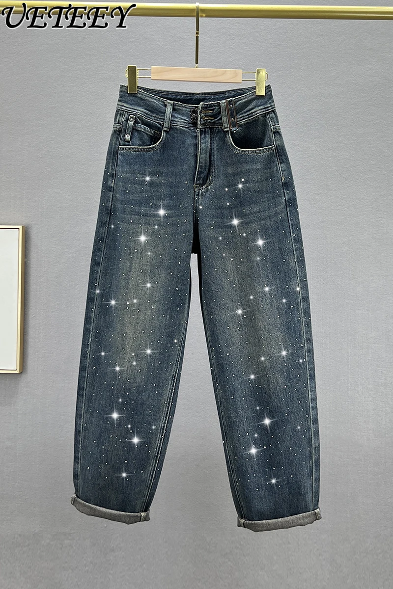 

Heavy Embroidery Hot Drilling Jeans for Women Baggy Pants 2023 Autumn New High Waist Slimming Loose Dad Pants Denim Trousers