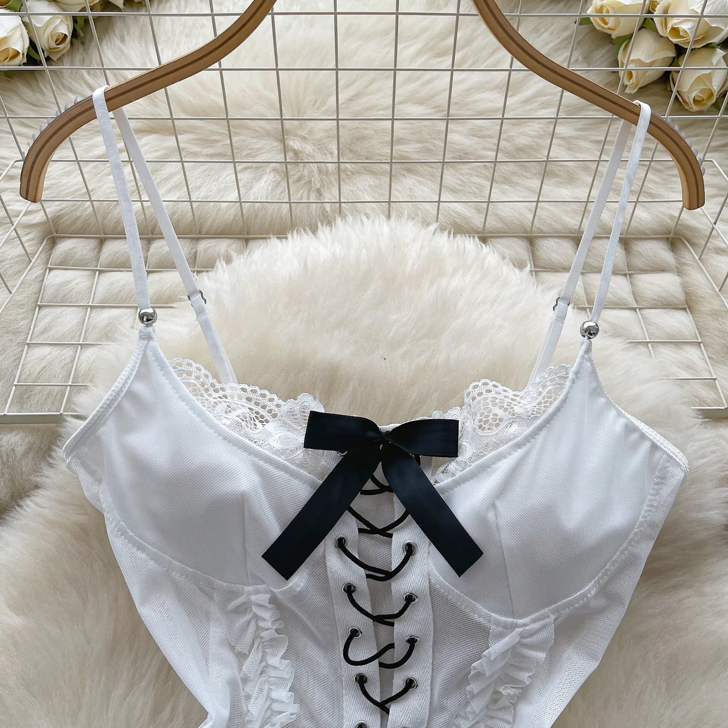 white lace-up corset bodysuit front view