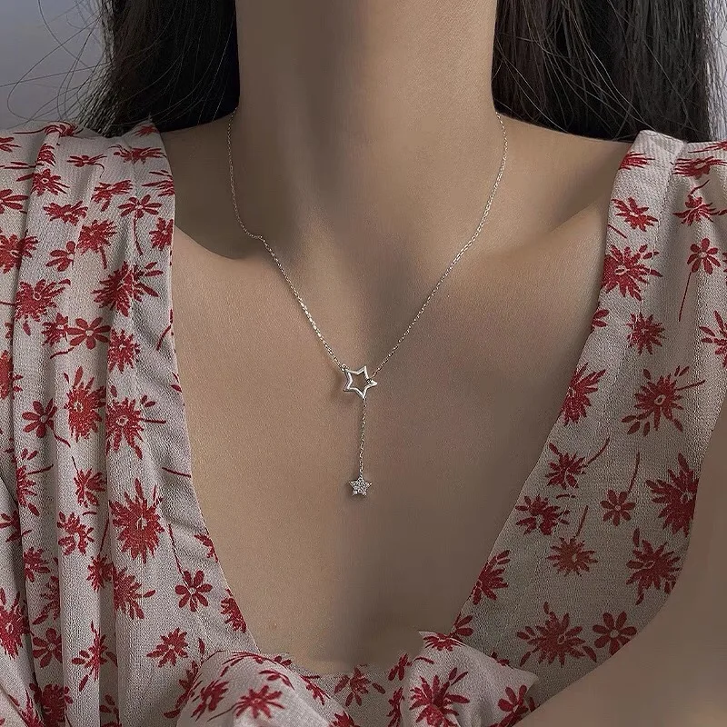 قلادة نجمة طويلة سلسلة الترقوة أنيقة وبسيطة فاخرة من الفضة النقية من خلال تصميم O-Link لا قلادة فضية متعددة الطبقات 21 سم -..