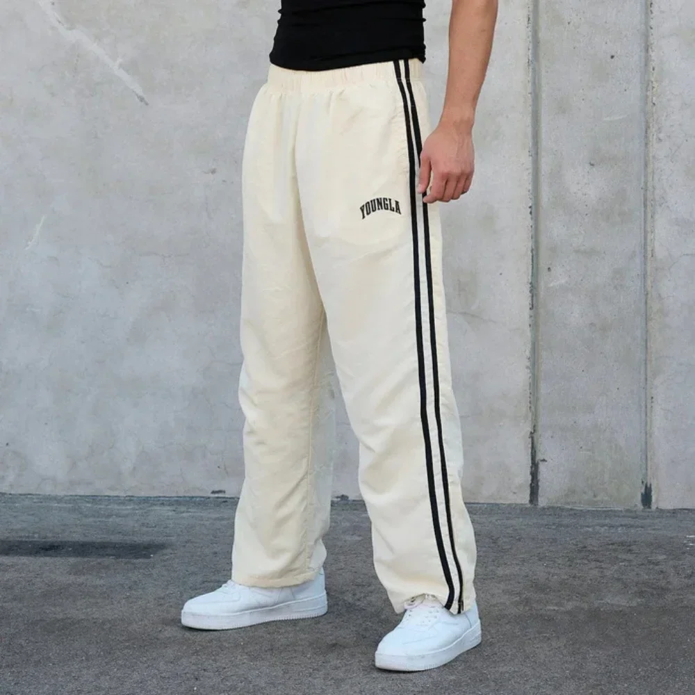 YOUNGLA American sports pants double stitching printed casual pants gym exercise fitness waist straight casual pants sports pants casual sports pants printed pants