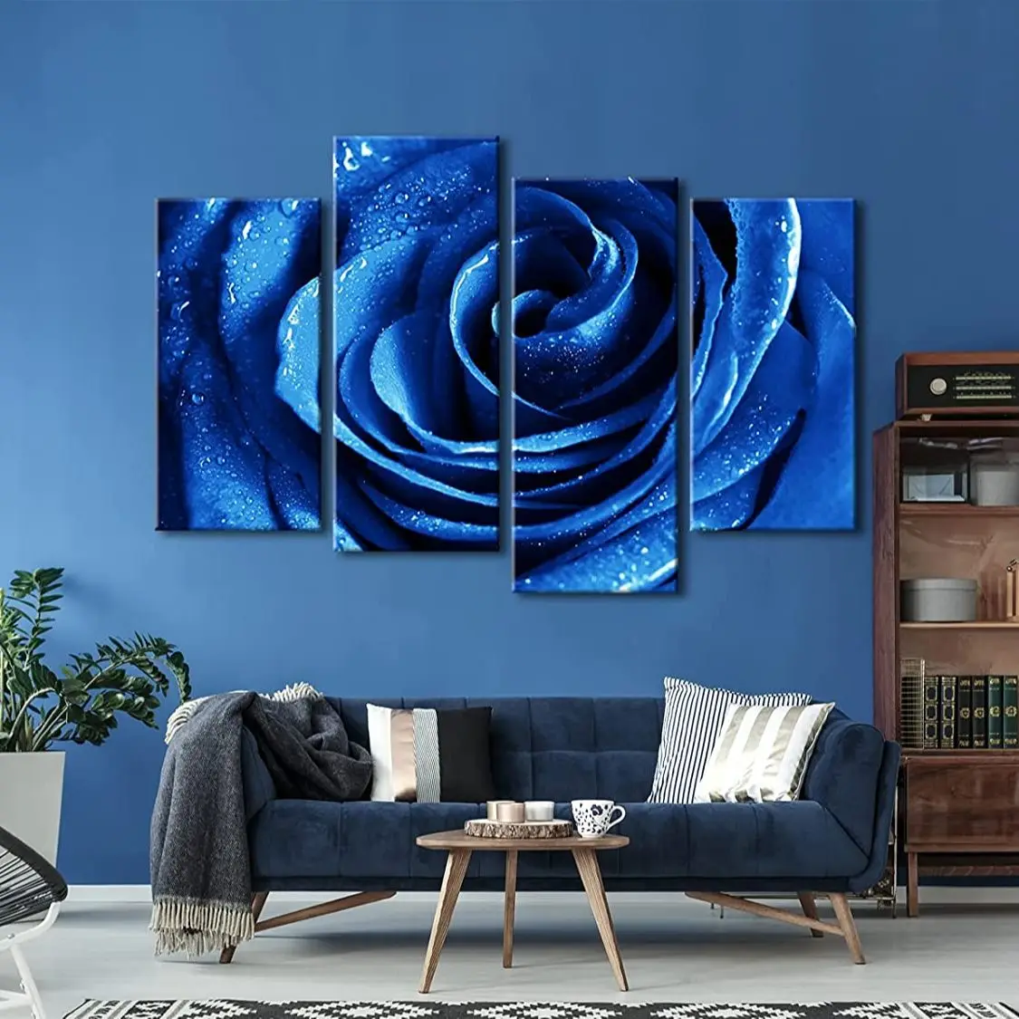 No Framed 4 Pcs Blue Red Rose on Black Flowers Floral Wall Decor Canvas