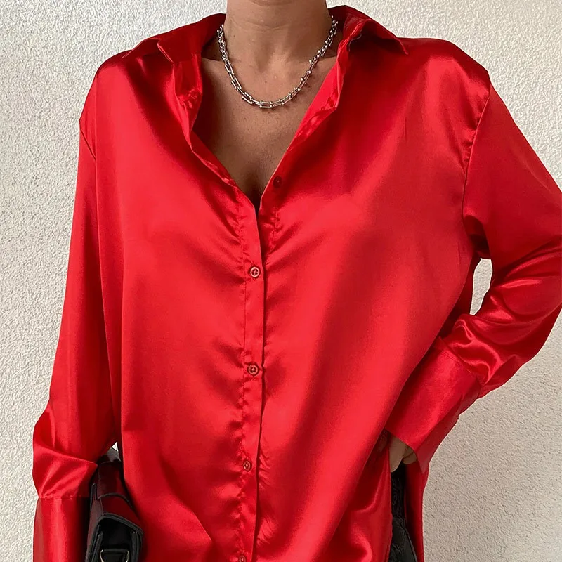 New Autumn Women's Satin Women's Long-sleeved Cardigan Lapel Shirt Fashionable and Elegant Solid Color Casual Office Blouse