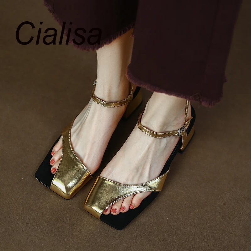 

Cialisa Women Shoes 2023 Summer New Style Sandal For Lady Buckle Strap Genuine Leather Handmade Dress Mid Heels Footwear Gold 40