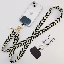 Adjustable Hanging Neck Wide Cloth Strap Phone Antilost Lanyard Long Crossbody Shoulder Strap Pearl Pendant Mobile Phone Lanyard