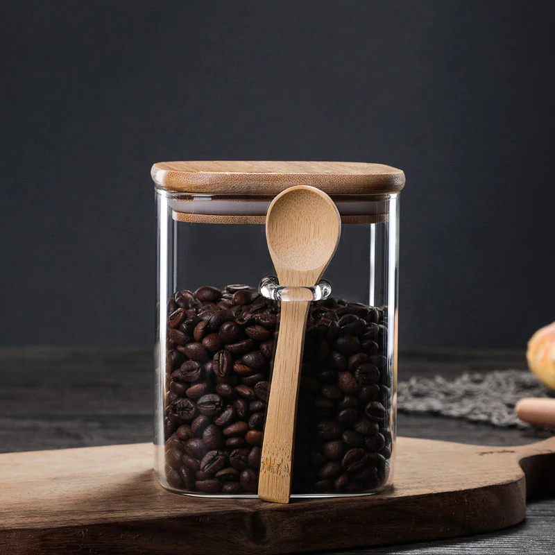 800-1200ml Square Glass Coffee Sealed Storage Jar Wooden Spoon Coffee Bean Cans Household Milk Powder Tea Sugar Storage Can 6