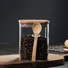 800-1200ml Square Glass Coffee Sealed Storage Jar Wooden Spoon Coffee Bean Cans Household Milk Powder Tea Sugar Storage Can 6