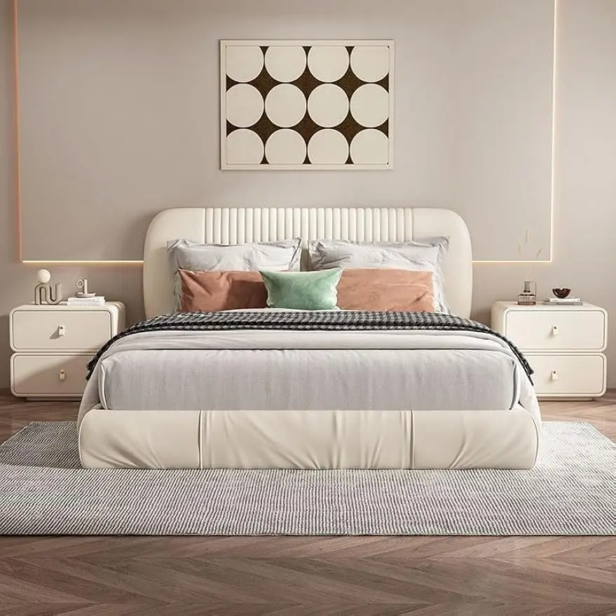 Solid Wood Nightstand, Leather Cream Style Bedside Table with 2 Drawer, Rounded Corner Storage Cabinet No Installation Required