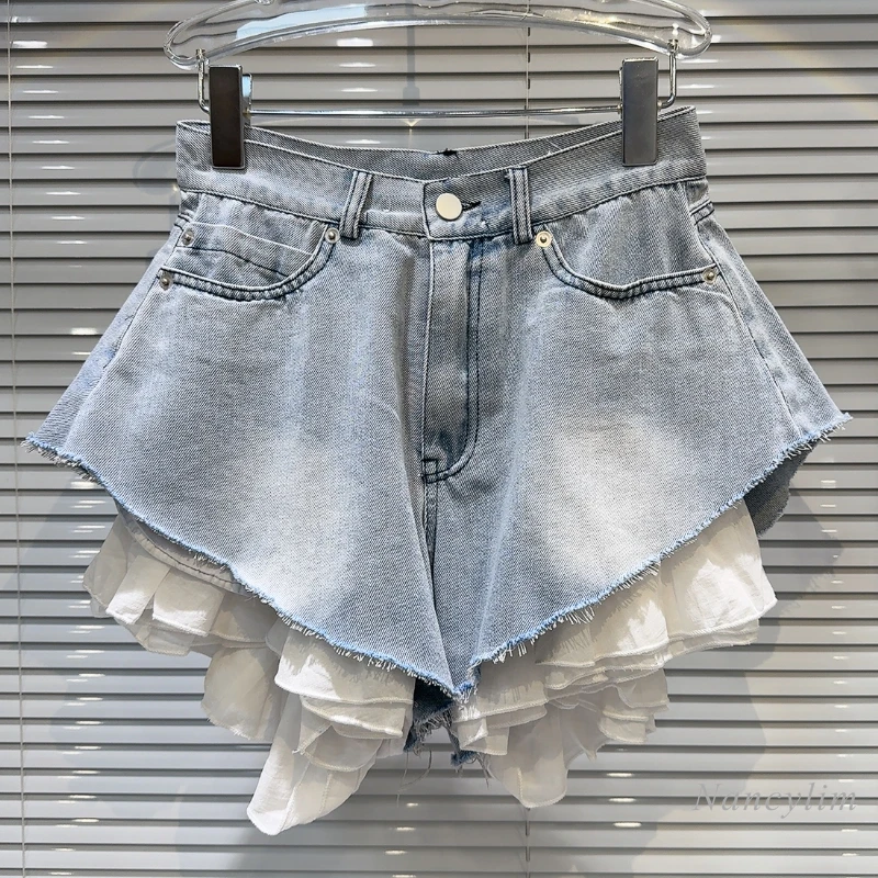 2024-summer-new-personalized-ruffles-hem-washed-white-beveled-edge-wide-leg-denim-shorts-for-women