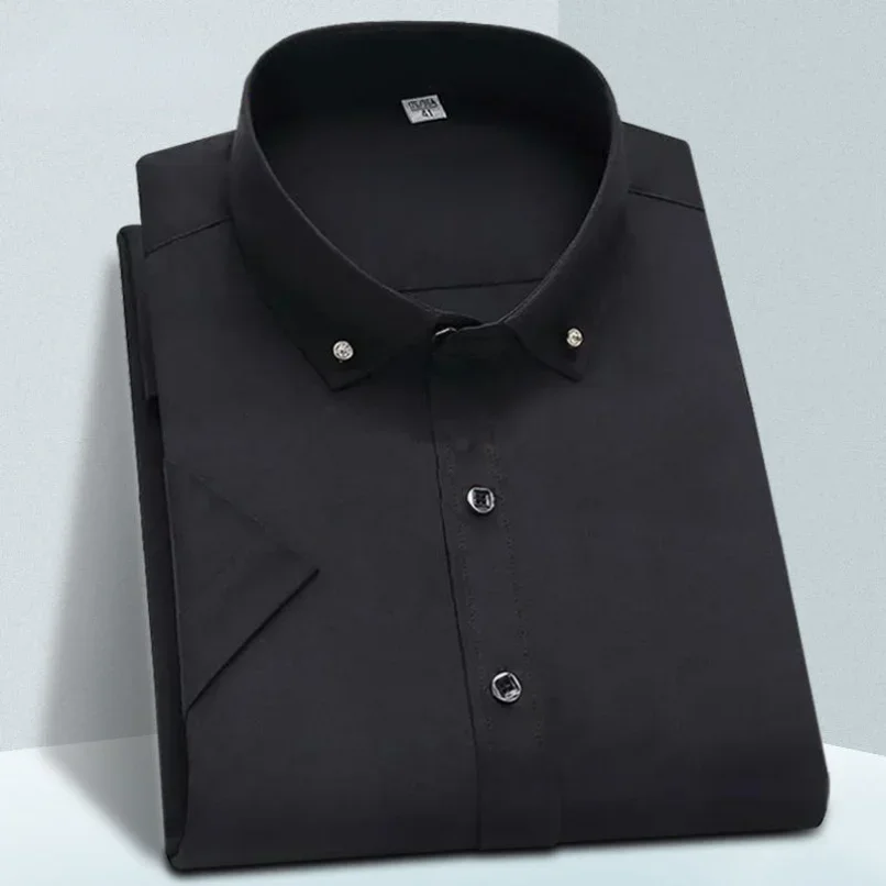 High Quality Non-ironing Mens Dress Shirt Short Sleeve New Solid Male Clothing Fit Business Shirts White Blue Navy Black Gozbkf