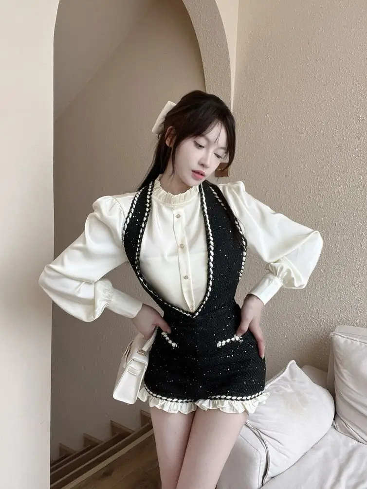 French Vintage Two-piece Set Women Solid Ruffles O-neck Shirt Tweed Halter Short Overalls Elegant Fashion Autumn Y2K Outfits New