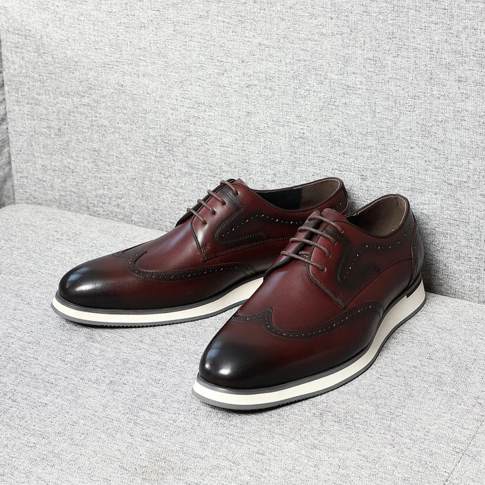 Natural Cowhide Genuine Leather Men's Casual Derby Dress Shoes Brogue Wingtip Flat Shoes Spring Autumn Elegant Sneakers for Men