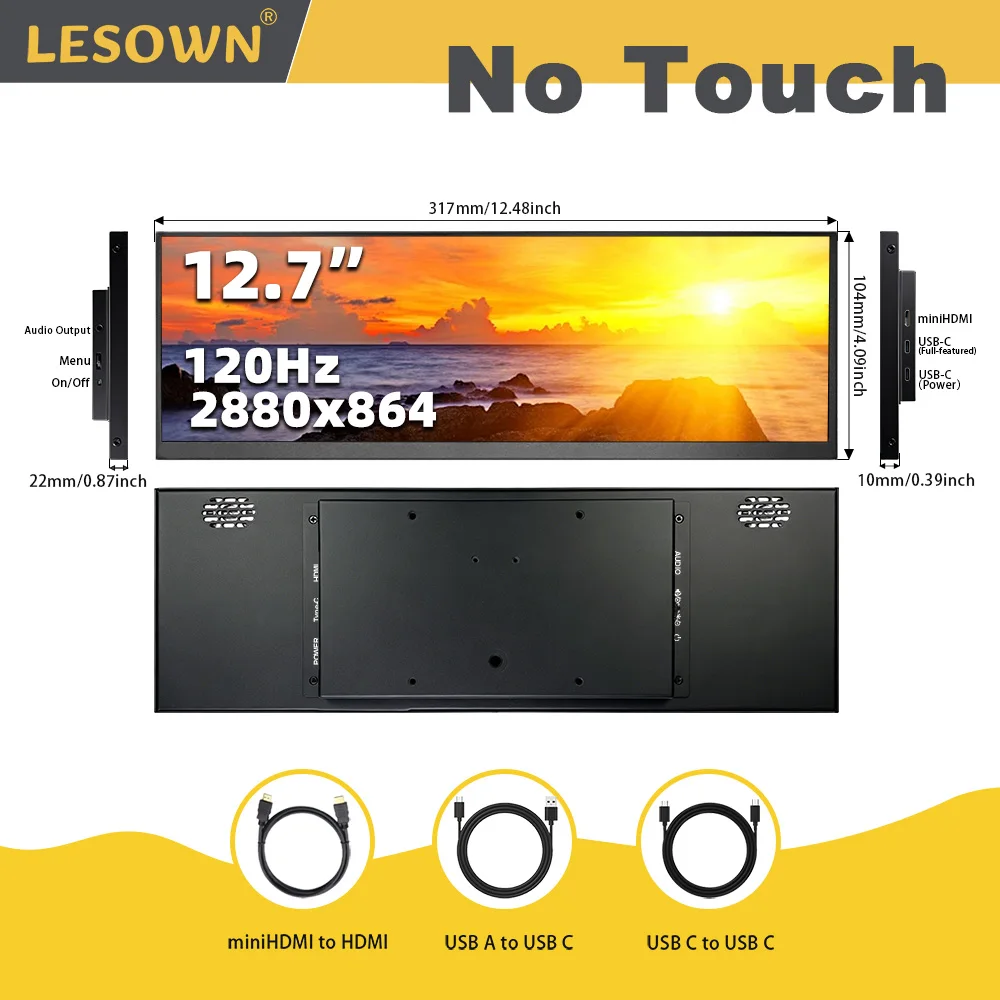 LESOWN 스무스 매트 블랙 섀시 위젯 12.7인치 2880p 롱 바 디스플레이 (윈도우 PC용) 커스텀 테마 성능 게이지 VESA