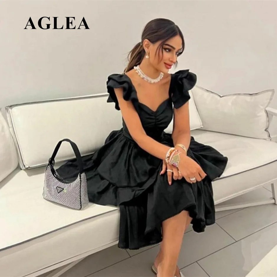 

AGLEA 2023 Elegant Short Sweetheart Taffeta Evening Dresses A-Line Black Cap Sleeve Ruched Tea Length فساتين السهرة for Women