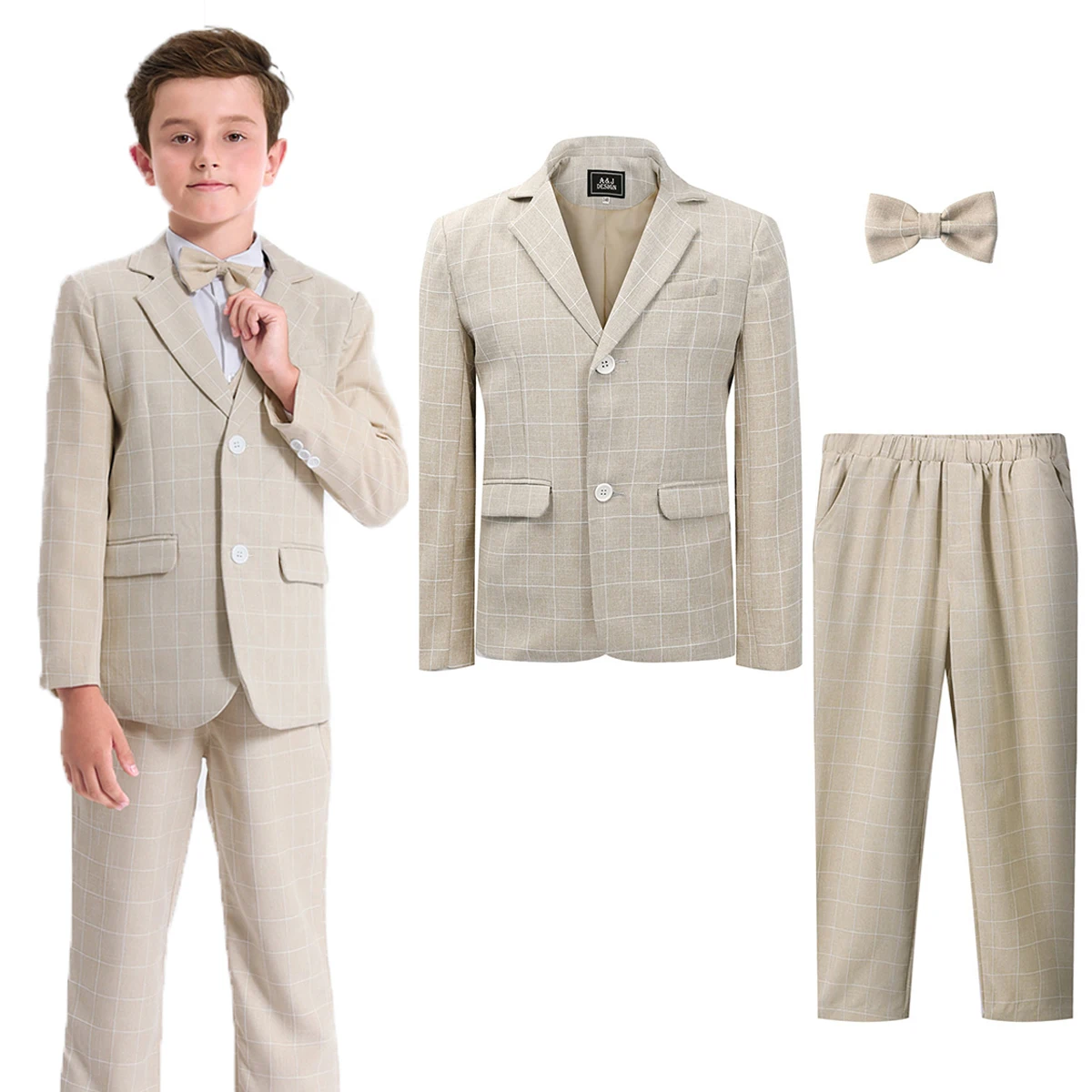Khaki Suit for Boys Easter Outfits Set Kid Blazer Wedding Clothes Teenager Plaid Formal Tuxedo Flower Party Performance Costume