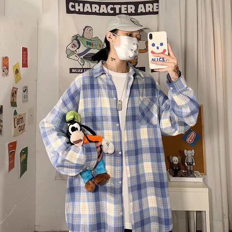 

Plaid Long Sleeve Shirts New Korean Fashion Loose Streetwear Oversized Harajuku Shirt Korean Style Casual Blouses Unisex Fashion