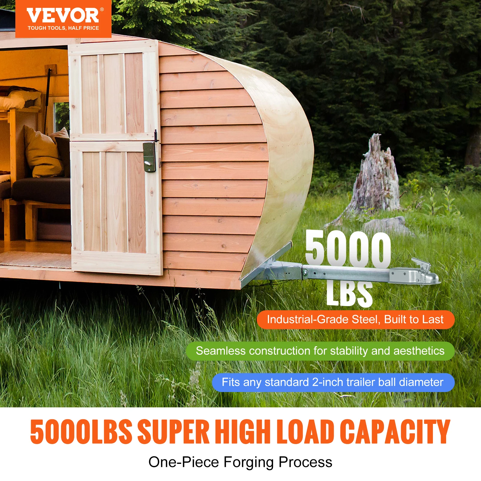 VEVOR 5000 lbs Straight Trailer Coupler 2-Inch Hitch Ball Coupling Tongue 3-Inch Channel RV Parts Camper Caravan Accessories