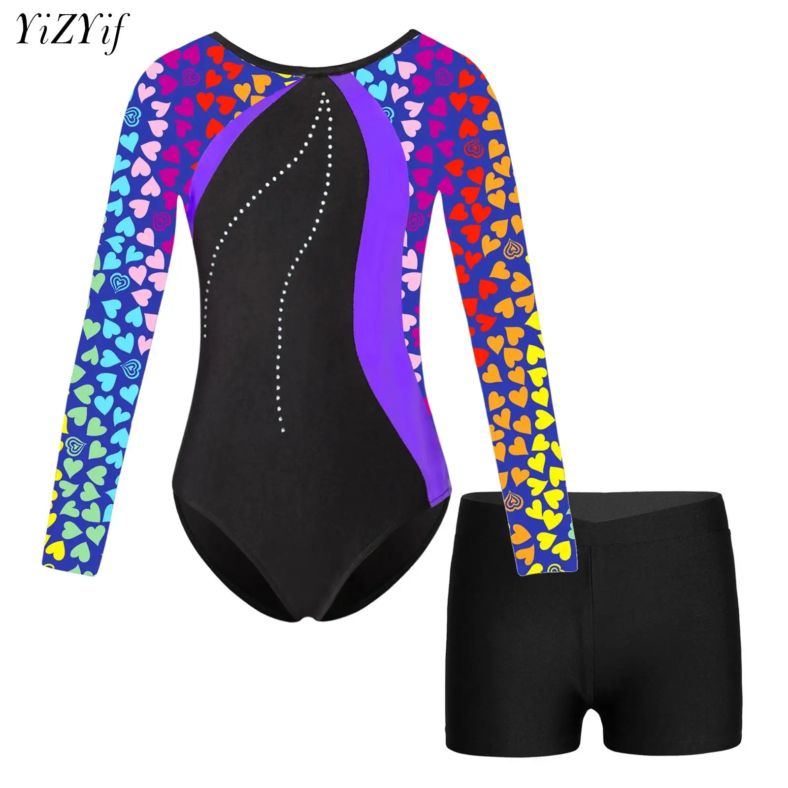 

Kids Girls Ballet Dance Sets Sport Gymnastics Workout Outfits Long Sleeve Leotard Jumpsuit with Boyshorts for Dance Training
