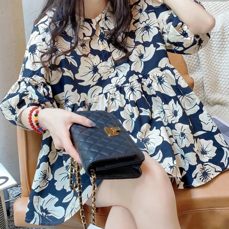 

Блузка, рубашка, Топ 2023, летняя Корейская Свободная Повседневная Милая Объемная блузка с рукавами-фонариками и цветами, женская блузка высокого качества