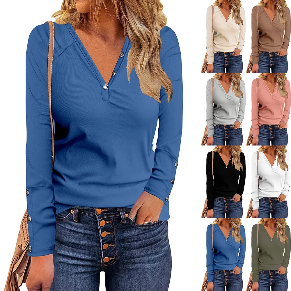 

2022 Spring and Autumn New Women's Clothing V-neck button Joker slim T-shirt casual fashion solid color long sleeve T-shirt