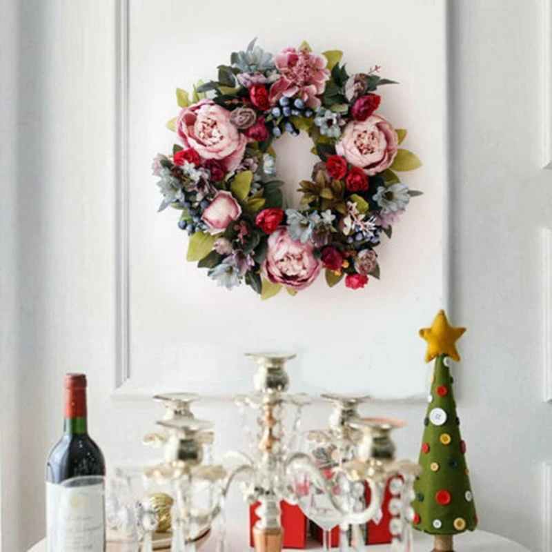 

Retro Lotus Root Pink Peony Wreath Silk Flower Wedding Decoration Holiday Home Door Decoration Wall Hanging Wreath