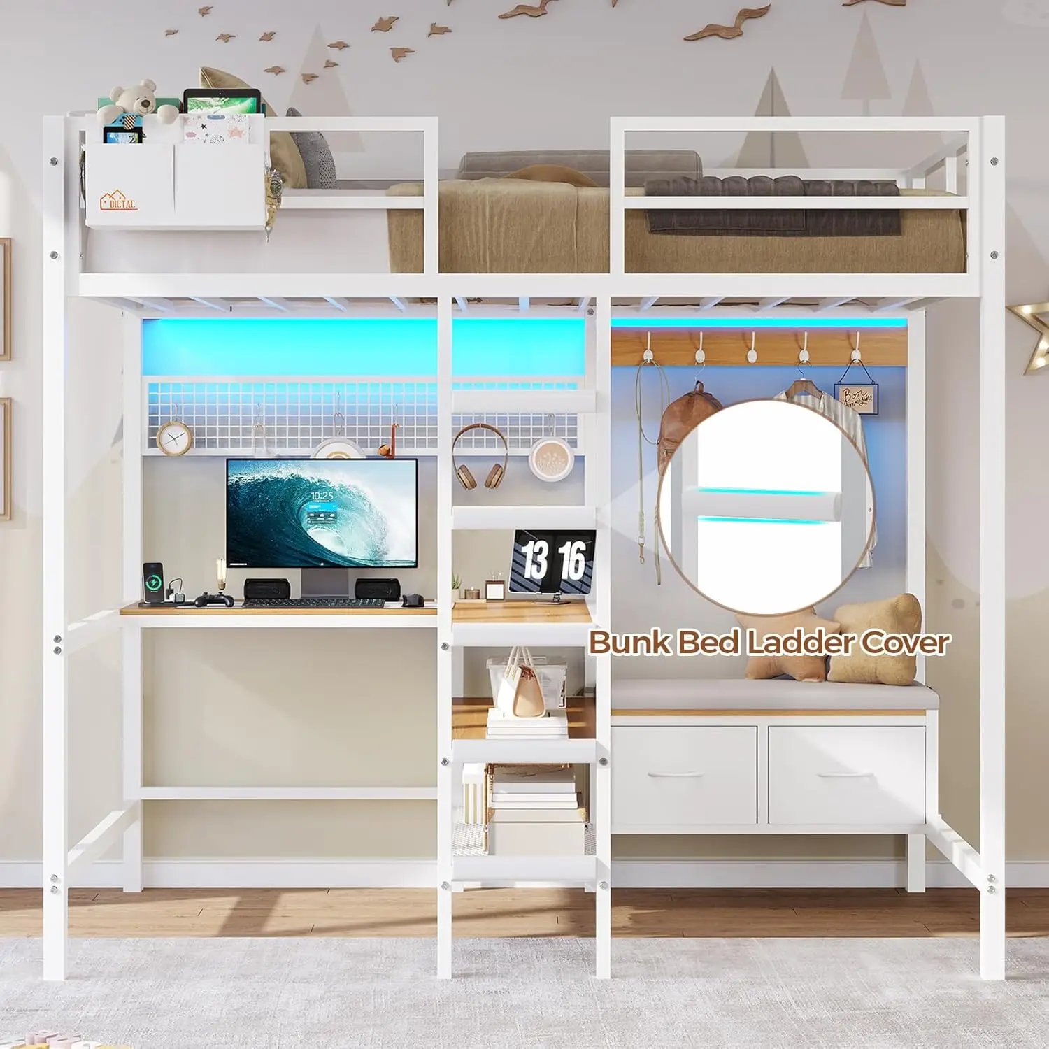 Twin Loft Bed with L-Shaped Desk Storage Shelves and Charging Station Twin Size Metal Loft Bed with LED Lights and Coat Rack wit