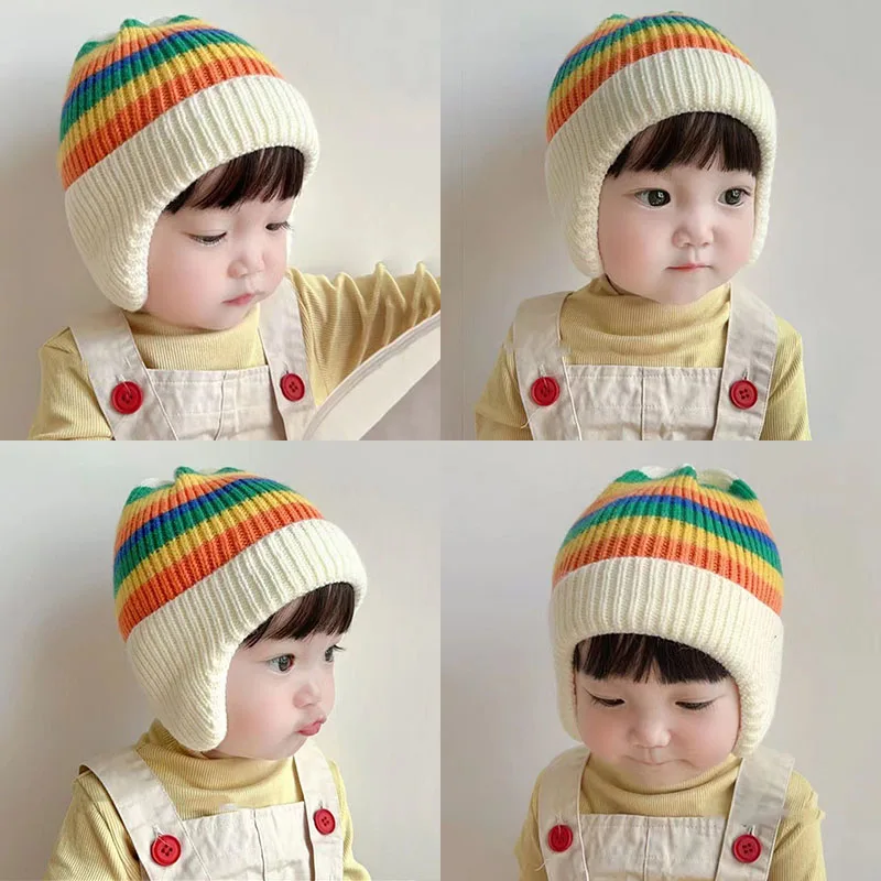 Colorful Stripe Baby Beanie Hat Winter Warm Knit Ear Protection Cap for Toddler Korean Rainbow Kids Boys Girls Earflaps Hats 2