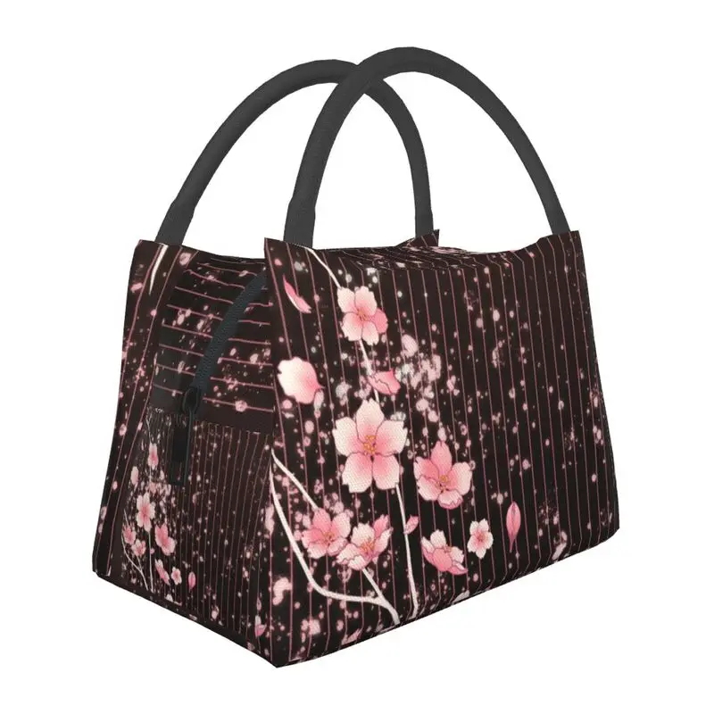 

Sakura Cherry Blossom Pinstripe Insulated Lunch Bags for Women Leakproof Japan Flower Thermal Cooler Lunch Box Work Picnic